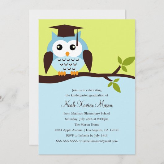 Schattigee Blue Owl Graduation Party Invitation Kaart (Voorkant / Achterkant)