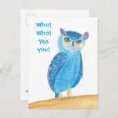 Schattigee Blue Owl verjaardagsfeestuitnodigingen, Uitnodiging Briefkaart (Voorkant / Achterkant)