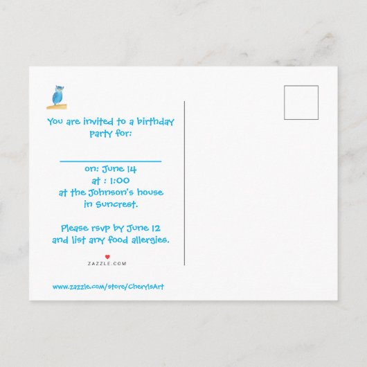 Schattigee Blue Owl verjaardagsfeestuitnodigingen, Uitnodiging Briefkaart (Achterkant)