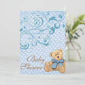 Schattigee Blue Polka Dots Baby shower Invitation Kaart (Staand voorkant)