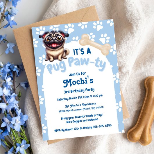 Schattigee Blue Pug Doggie Verjaardag Paw-ty Kaart