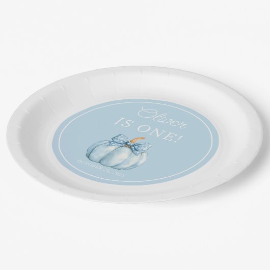 Schattigee Blue Pumpkin Boy 1e verjaardag Papieren Bordje (Gekanteld)