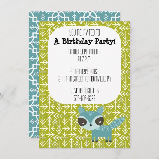 Schattigee Blue Raccoon Party Uitnodiging (Voorkant / Achterkant)