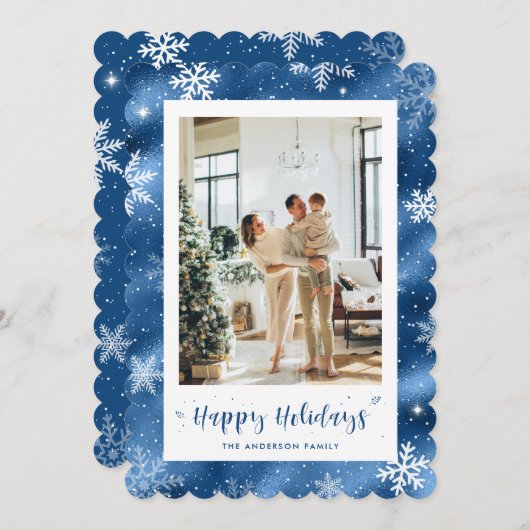 Schattigee Blue Snowy Photo Holiday Feestdagenkaart (Voorkant / Achterkant)