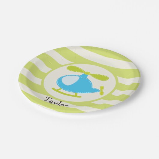 Schattigee Blue Speelgoed helikopter op Lime Green Papieren Bordje (Gekanteld)
