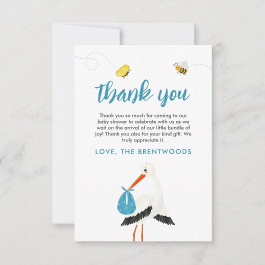 Schattigee Blue Stork Baby shower bedankkaart (Voorkant)