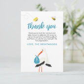 Schattigee Blue Stork Baby shower bedankkaart (Staand voorkant)