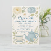 Schattigee Blue Tea Party Verjaardagsuitnodiging Kaart (Staand voorkant)
