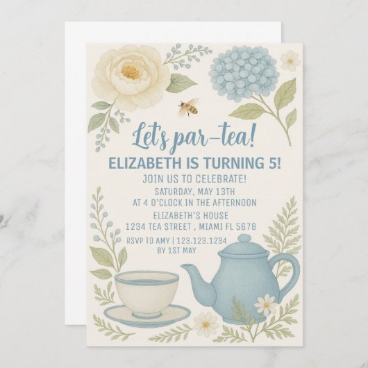 Schattigee Blue Tea Party Verjaardagsuitnodiging Kaart (Voorkant / Achterkant)