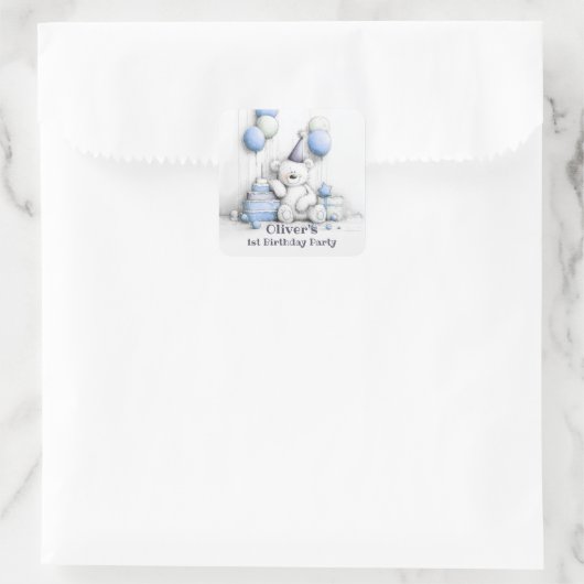 Schattigee Blue Teddy Bear 1st Birthday Envelope S Vierkante Sticker (Tas)