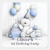 Schattigee Blue Teddy Bear 1st Birthday Envelope S Vierkante Sticker (Voorkant)