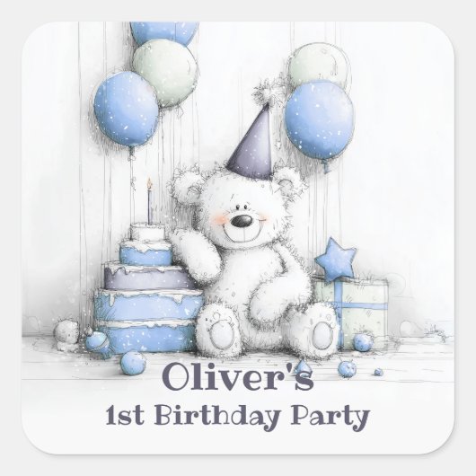 Schattigee Blue Teddy Bear 1st Birthday Envelope S Vierkante Sticker (Voorkant)