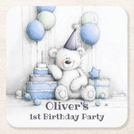 Schattigee Blue Teddy Bear 1st Birthday Party Onde Kartonnen Onderzetters