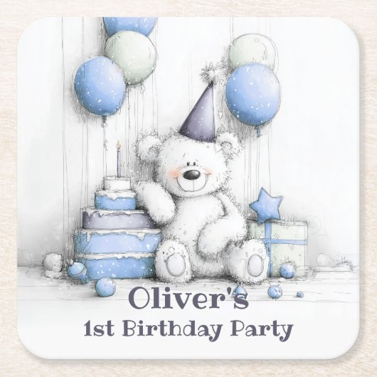 Schattigee Blue Teddy Bear 1st Birthday Party Onde Kartonnen Onderzetters (Voorkant)