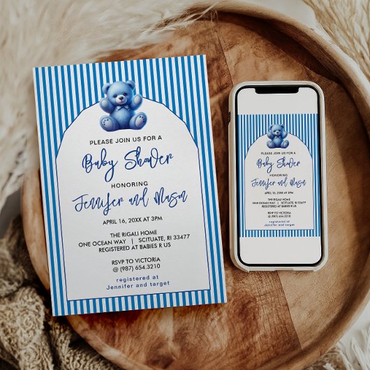 Schattigee Blue Teddy Bear  Baby Boy Shower Kaart