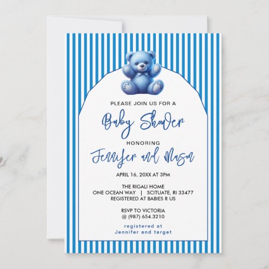 Schattigee Blue Teddy Bear Baby Boy Shower Kaart (Voorkant)