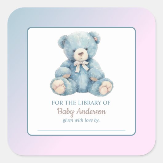 Schattigee Blue Teddy Bear Baby shower Bookplate Vierkante Sticker (Voorkant)
