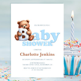 Schattigee Blue Teddy Bear Baby shower Uitnodiging