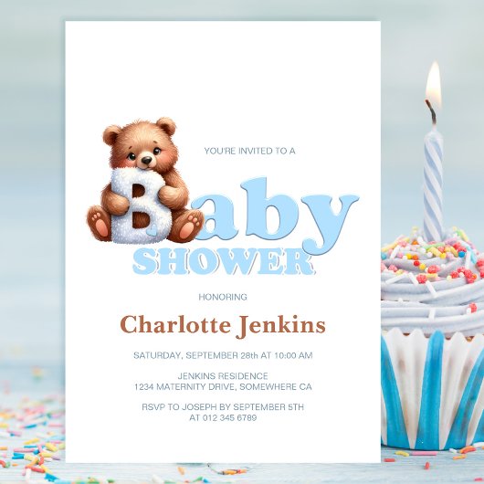 Schattigee Blue Teddy Bear Baby shower Uitnodiging