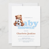 Schattigee Blue Teddy Bear Baby shower Uitnodiging (Voorkant)