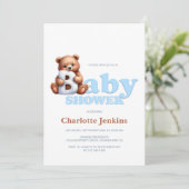 Schattigee Blue Teddy Bear Baby shower Uitnodiging (Staand voorkant)