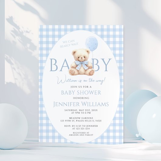 Schattigee Blue Teddy Bear Gingham Bow Baby Boy Sh Kaart