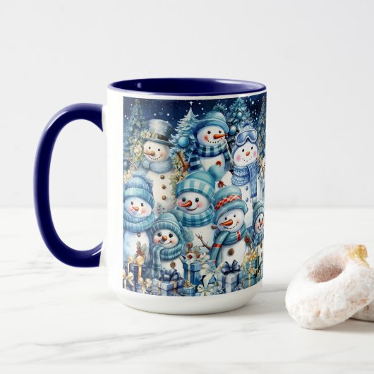 Schattigee Blue Waterverf Snowman familie Mok (Met donut)