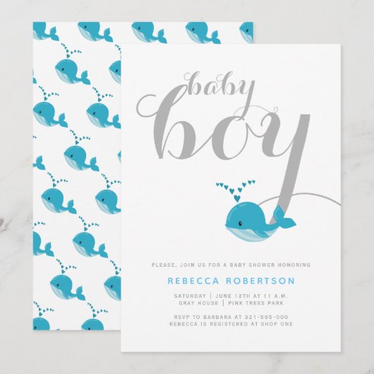 Schattigee Blue Whale Typography Baby Boy Shower Kaart (Voorkant / Achterkant)