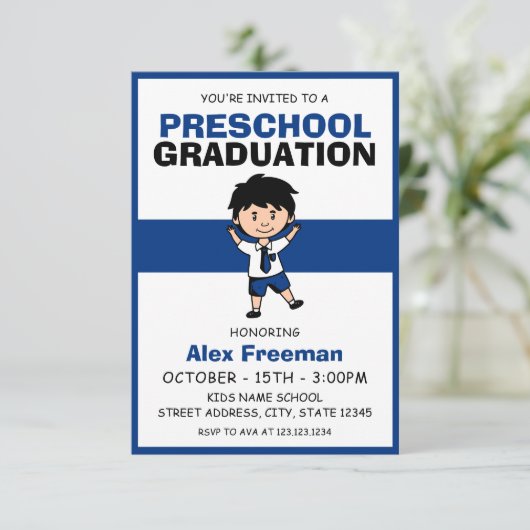 Schattigee Blue & White Boy Kinder kleuterschool A Kaart (Staand voorkant)