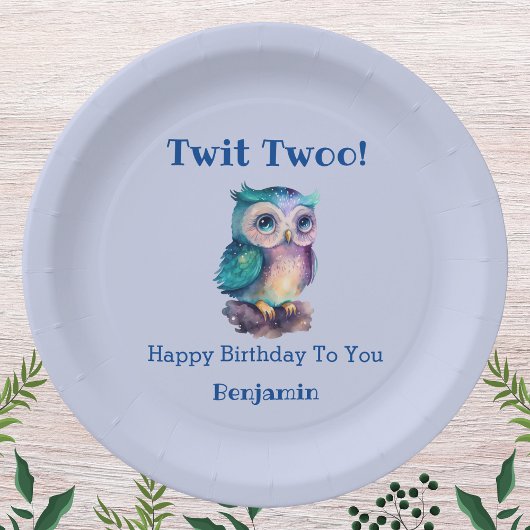 Schattigee Blue Woodland Animal Owl Verjaardag Papieren Bordje