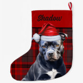 Schattigee Bluenose Pitbull Dog en Red Plaid Custo Grote Kerstsok (Achterkant)