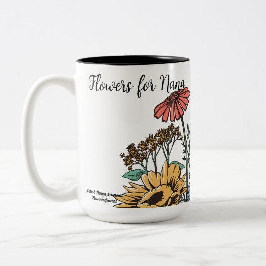 Schattigee Blues en Gouden Bloemen Voor Nana Perso Tweekleurige Koffiemok (Links)