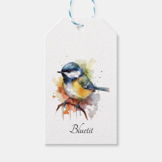 Schattigee Bluetit op een Branch, op maat Cadeaulabel (Voorkant)