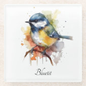 Schattigee Bluetit op een Branch, op maat Glazen Onderzetter (Voorkant)