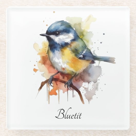 Schattigee Bluetit op een Branch, op maat Glazen Onderzetter (Voorkant)