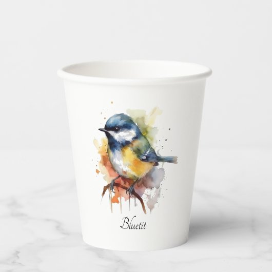 Schattigee Bluetit op een Branch, op maat Papieren Bekers (Voorkant)