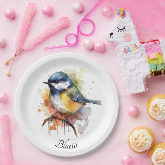 Schattigee Bluetit op een Branch, op maat Papieren Bordje (Feest)
