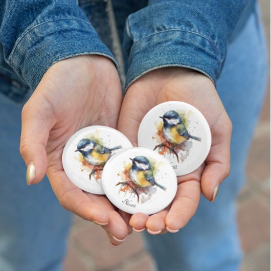 Schattigee Bluetit op een Branch, op maat Ronde Button 3,2 Cm