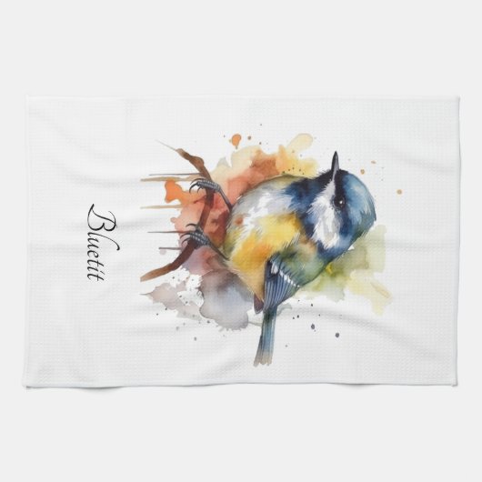 Schattigee bluetit zittend op een tak theedoek (Horizontaal)