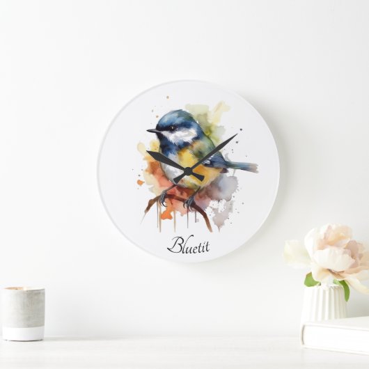 Schattigee bluetit zittend op een tak waterverf grote klok (Huis)