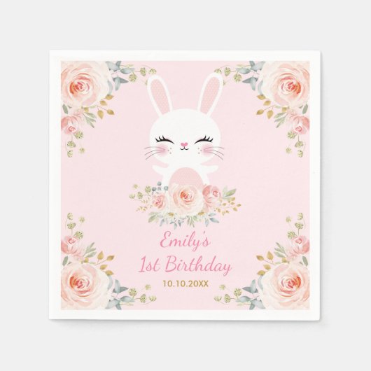 Schattigee Blush Bunny Rabbit Floral Verjaardagsfe Servet (Voorkant)