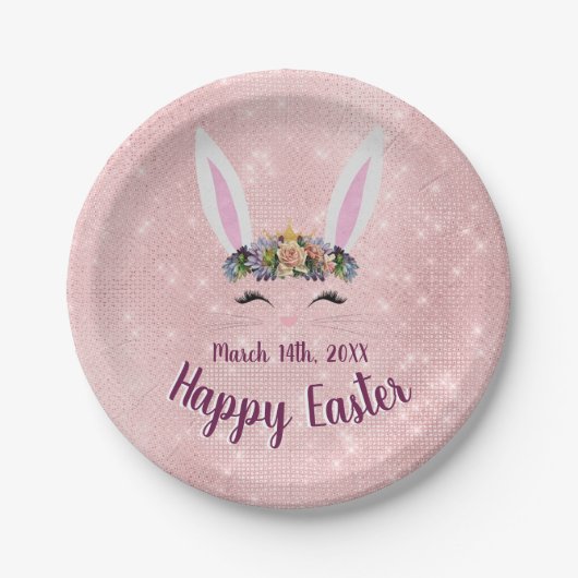 Schattigee Blush Pink Happy Easter Bunny Papieren Bordje (Voorkant)