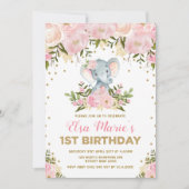 Schattigee Blush Roze Bloemen Olifant 1e Verjaarda Kaart (Voorkant)