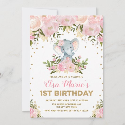 Schattigee Blush Roze Bloemen Olifant 1e Verjaarda Kaart (Voorkant)