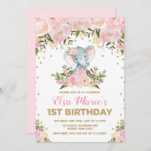 Schattigee Blush Roze Bloemen Olifant 1e Verjaarda Kaart (Voorkant / Achterkant)