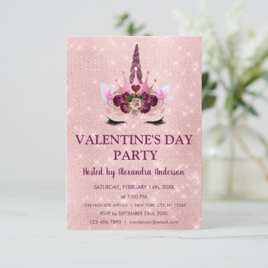 Schattigee Blush Roze Eenhoorn Valentijnsdag Party Kaart (Staand voorkant)