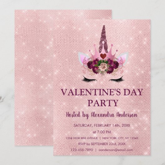 Schattigee Blush Roze Eenhoorn Valentijnsdag Party Kaart (Voorkant / Achterkant)