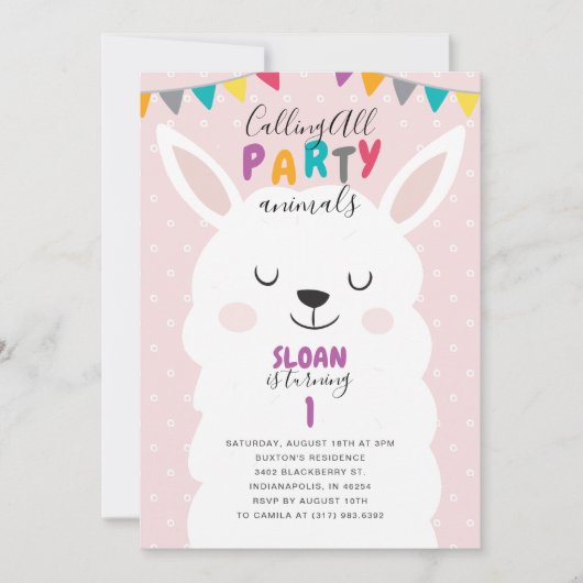 Schattigee Blush Roze Lama Fun Fiesta Verjaardagsf Kaart (Voorkant)