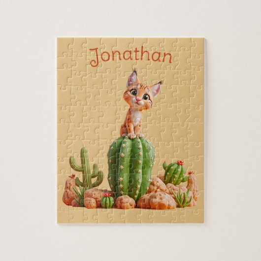 Schattigee Bobcat op cactus Legpuzzel (Verticaal)