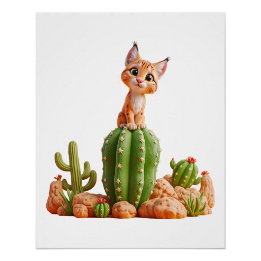 Schattigee Bobcat op cactus Perfect Poster (Voorkant)